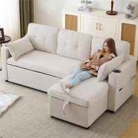 3-in-1 Convertible Sofa Bed with Reversible Chaise, Internal Storage and Cup Holders, L-Shaped Sleeper Sofa with Pillows, 211L x 130W x 86H cm, Beige(m-11)