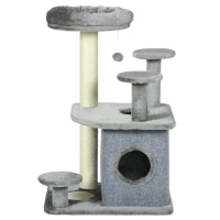 PawHut Ansamblu de Joacă pentru Pisici cu Platforme, Pat, Căsuță și Stâlpi din Sisal, 60x48x92 cm, Gri(m-10)