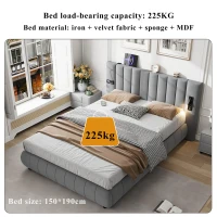 Upholstered King Size Bed with Stereo and Charging Ports, Velvet and Iron Frame, 218L x 182W x 103H cm, Grey(m-4)