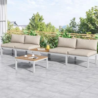 Elegant Outdoor Garden Lounge Set with Wooden Table, Thick Cushions, L-Shaped Corner Sofa for 4 People, 145L x 60W x 80H cm, Beige(m-7)