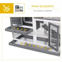 PawHut Cușcă pentru Iepuri din Lemn de Brad cu Roți, Tăvi Detașabile și Căsuță cu Rampă, 110x50x88 cm, Gri și Alb(m-6)