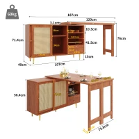 360° Rotating Bar Table with Expandable Design, Open Shelf, Rattan Door, Storage Cabinet for Kitchen, Living Room, 187L x 80W x 76H cm, Brown(m-3)