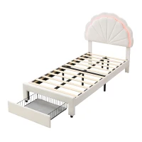 Upholstered Single Bed with Shell Backrest, LED Light Strips, Storage Drawer, Perfect for Sophisticated and Modern Bedroom, 200L x 91W x 114.5H cm, Beige(m-13)
