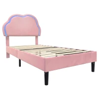 Single Upholstered Bed with Adjustable Cloud Headboard and RGB LED, Perfect for Sophisticated and Modern Bedroom, 194L x 106W x 118H cm, Pink(m-11)