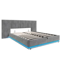 King Ottoman Bed with LED Lighting, Velvet Upholstered Bed with Hydraulic Storage and Channel Tufted Headboard, 238L x 214W x 114H cm, Grey(m-2)