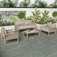 Modern Hand-Woven Sofa Set with Glass Coffee Table, Thick Cushions, Outdoor Garden Lounge Set for 4 People, 126L x 65W x 72H cm, Khaki(m-1)