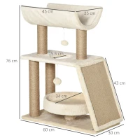 PawHut Albero Tiragraffi per Gatti con Lettino, Cuccia e Tappetino, in Legno, Peluche e Sisal, 60x30x76 cm, Marrone Chiaro(m-3)
