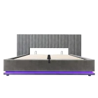 King Ottoman Bed with LED Lighting, Velvet Upholstered Bed with Hydraulic Storage and Channel Tufted Headboard, 238L x 214W x 114H cm, Grey(m-11)