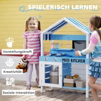 AIYAPLAY Outdoor-Spielküche für Kinder mit Sonnendach, Kochgeschirr-Set, Massivholz, Blau(m-8)