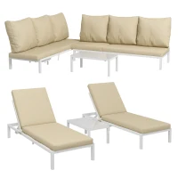Outsunny Set 2 Lettini Prendisole con Schienale Regolabile e Tavolino da Giardino in Vetro, Beige(m-1)