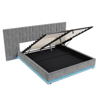 King Ottoman Bed with LED Lighting, Velvet Upholstered Bed with Hydraulic Storage and Channel Tufted Headboard, 238L x 214W x 114H cm, Grey(m-12)