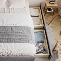 Storage Bed with 4 Drawers, Upholstered Double Bed with Iron Frame and Wooden Slats, 193.5 x 141W x 30H cm, Grey(m-9)