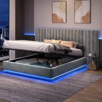 King Ottoman Bed with LED Lighting, Velvet Upholstered Bed with Hydraulic Storage and Channel Tufted Headboard, 238L x 214W x 114H cm, Grey(m-9)