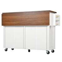 Farmhouse Style Kitchen Island Trolley with Adjustable Shelf, Cabinets and Drawers, Modern Rolling Storage Cabinet, 140L x 73W x 90.5H cm, White(m-16)