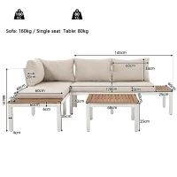 Elegant Outdoor Garden Lounge Set with Wooden Table, Thick Cushions, L-Shaped Corner Sofa for 4 People, 145L x 60W x 80H cm, Beige(m-3)