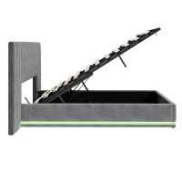 King Ottoman Bed with LED Lighting, Velvet Upholstered Bed with Hydraulic Storage and Channel Tufted Headboard, 238L x 214W x 114H cm, Grey(m-13)