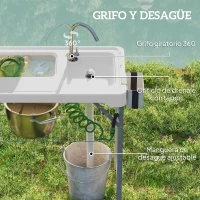 Outsunny Mesa Plegable para Camping con 2 Fregaderos Manguera de Drenaje Estación de Limpieza y Grifo Blanco(m-4)