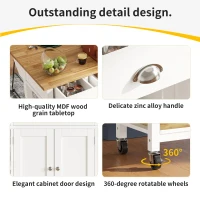 Rolling Kitchen Island Trolley with Adjustable Shelf, 3 Drawers, Spice Rack, and Folding Side Board, 120L x 45W x 90H cm, White(m-5)