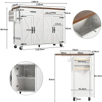 Farmhouse Style Kitchen Island Trolley with Adjustable Shelf, Cabinets and Drawers, Modern Rolling Storage Cabinet, 140L x 73W x 90.5H cm, White(m-3)