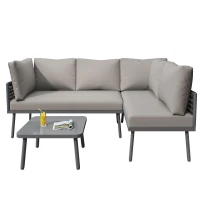Modern Space-Saving L-Shaped Corner Sofa with Glass Coffee Table, Outdoor Garden Lounge Set for 4-5 People, 120L x 60W x 86H cm, Grey(m-16)