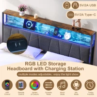 Double Bed Frame with Storage Drawers, RGB LED Headboard and Charging Station, 205L x 136W x 116H cm, Black + Dark Walnut(m-6)