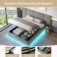 King Ottoman Bed with LED Lighting, Velvet Upholstered Bed with Hydraulic Storage and Channel Tufted Headboard, 238L x 214W x 114H cm, Grey(m-5)