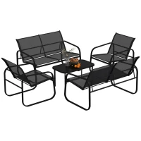 Outsunny Set da Giardino con 2 Divani 2 Posti, 2 Poltrone e un Tavolino da Caffè con Piano in Vetro, Nero(m-1)