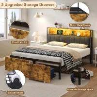 Double Bed Frame with Storage Drawers, RGB LED Headboard and Charging Station, 205L x 136W x 116H cm, Black + Dark Walnut(m-4)