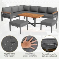 Space-Saving L-Shaped Sofa with Wooden Coffee Table, Stool Table Boxes, Outdoor Garden Lounge Set for 7-8 People, 115L x 60W x 78.5H cm, Grey(m-4)