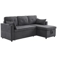 3-in-1 Convertible Sofa Bed with Internal Storage Chaise, L Shaped Sleeper Sofa with Cup Holders and Pillows, 211L x 130W x 86H cm, Grey(m-2)