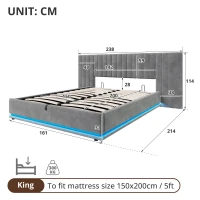 King Ottoman Bed with LED Lighting, Velvet Upholstered Bed with Hydraulic Storage and Channel Tufted Headboard, 238L x 214W x 114H cm, Grey(m-3)