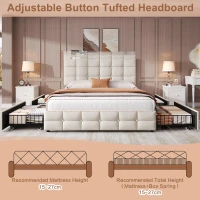 Double Upholstered Bed with 4 Storage Drawers and Charging Station, Adjustable Button Tufted Headboard, Velvet Frame, 195L x 142W x 108H cm, Beige(m-4)