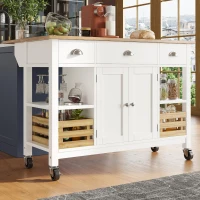 Rolling Kitchen Island Trolley with Adjustable Shelf, 3 Drawers, Spice Rack, and Folding Side Board, 120L x 45W x 90H cm, White(m-8)