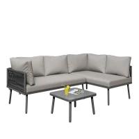 Modern Space-Saving L-Shaped Corner Sofa with Glass Coffee Table, Outdoor Garden Lounge Set for 4-5 People, 120L x 60W x 86H cm, Grey(m-2)
