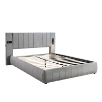 Upholstered King Size Bed with Stereo and Charging Ports, Velvet and Iron Frame, 218L x 182W x 103H cm, Grey(m-12)