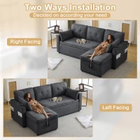 3-in-1 Convertible Sofa Bed with Internal Storage Chaise, L Shaped Sleeper Sofa with Cup Holders and Pillows, 211L x 130W x 86H cm, Grey(m-6)