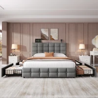 Double Upholstered Bed with 4 Storage Drawers and Charging Station, Adjustable Button Tufted Headboard, Velvet Frame, 195L x 142W x 108H cm, Grey(m-1)