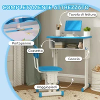 HOMCOM Banco Scuola per Bambini 6-12 Anni ad Altezza Regolabile con Leggio e Mensola, in Acciaio e MDF, Blu(m-5)