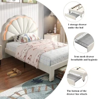 Upholstered Single Bed with Shell Backrest, LED Light Strips, Storage Drawer, Perfect for Sophisticated and Modern Bedroom, 200L x 91W x 114.5H cm, Beige(m-6)