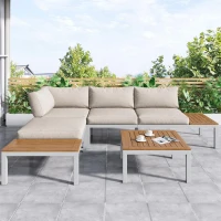 Elegant Outdoor Garden Lounge Set with Wooden Table, Thick Cushions, L-Shaped Corner Sofa for 4 People, 145L x 60W x 80H cm, Beige(m-1)
