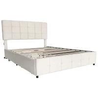 Double Upholstered Bed with 4 Storage Drawers and Charging Station, Adjustable Button Tufted Headboard, Velvet Frame, 195L x 142W x 108H cm, Beige(m-2)
