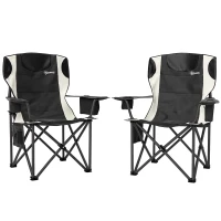Outsunny Set of 2 Folding Camping Chairs, Padded Camping Chairs with Adjustable Armrests, Portable & Lightweight Folding Camp Chair with Cooler Bag, Cup Holder and Side Pockets, Black(m-1)