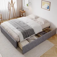 Storage Bed with 4 Drawers, Upholstered Double Bed with Iron Frame and Wooden Slats, 193.5 x 141W x 30H cm, Grey(m-1)