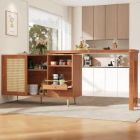 360° Rotating Bar Table with Expandable Design, Open Shelf, Rattan Door, Storage Cabinet for Kitchen, Living Room, 187L x 80W x 76H cm, Brown(m-8)