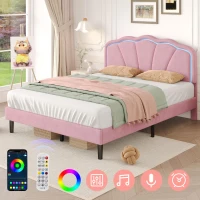 Double Upholstered Bed with LED Adjustable Shell Headboard, Charging Station, Perfect for Sophisticated and Modern bedroom, 194L x 139W x 111H cm, Pink(m-7)