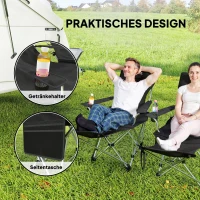 Outsunny Zestaw 2 składanych krzeseł campingowych z odłączaną podnóżkiem i uchwytem na napój, obciążenie do 120 kg, Czarne(m-5)