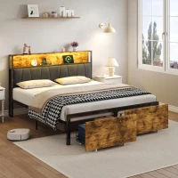 Double Bed Frame with Storage Drawers, RGB LED Headboard and Charging Station, 205L x 136W x 116H cm, Black + Dark Walnut(m-1)