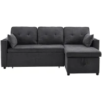 3-in-1 Convertible Sofa Bed with Internal Storage Chaise, L Shaped Sleeper Sofa with Cup Holders and Pillows, 211L x 130W x 86H cm, Grey(m-13)