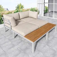 Elegant Outdoor Garden Lounge Set with Wooden Table, Thick Cushions, L-Shaped Corner Sofa for 4 People, 145L x 60W x 80H cm, Beige(m-8)