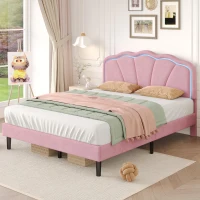 Double Upholstered Bed with LED Adjustable Shell Headboard, Charging Station, Perfect for Sophisticated and Modern bedroom, 194L x 139W x 111H cm, Pink(m-8)
